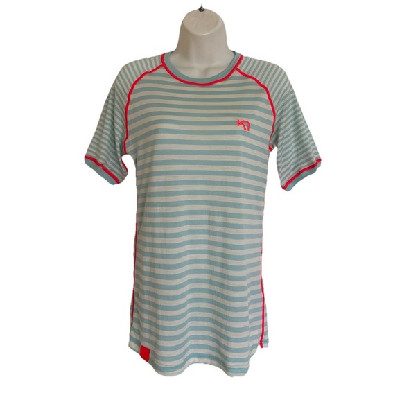 Kari Traa Smale T-Shirt 100% Wool Baselayer Tee Women's L Aqua White Striped - Picture 4 of 11